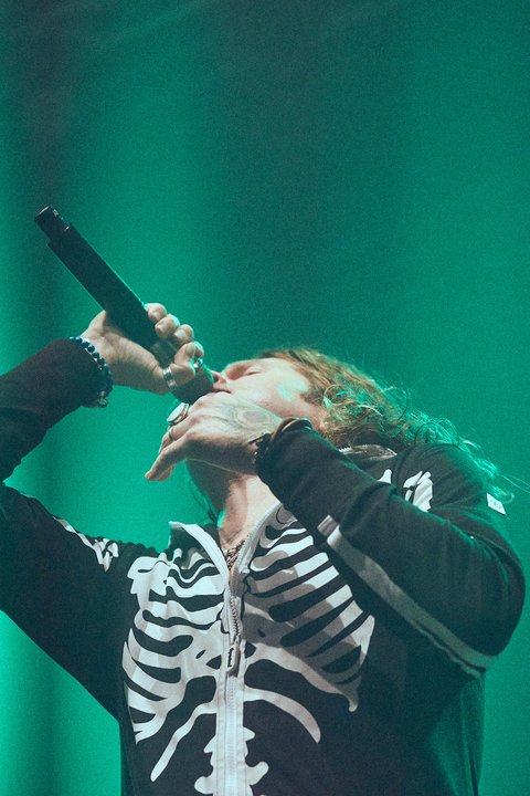 Ein Sänger trägt einen schwarzen Hoodie mit Skelettmuster und steht auf einer Bühne, während er ein Mikrofon in der Hand hält. Die Bühne ist in grüne Lichtstrahlen getaucht, was eine energiegeladene Atmosphäre schafft.